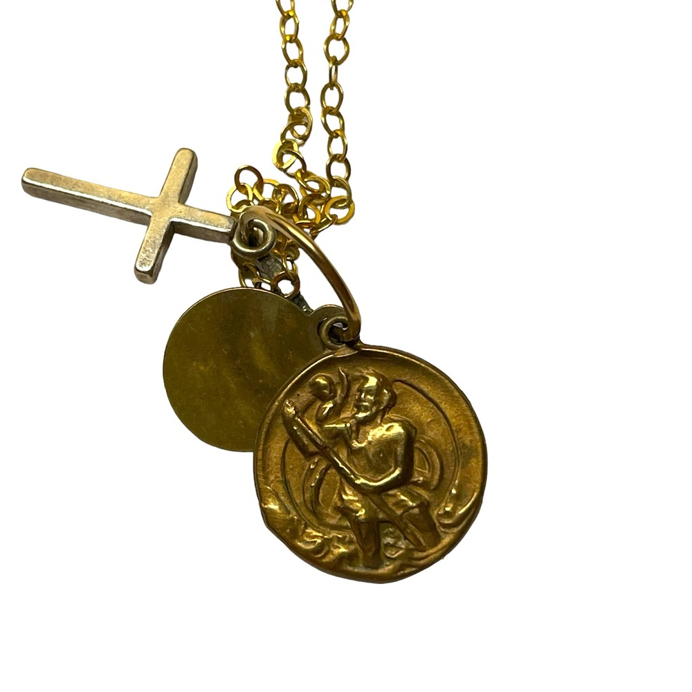 RARE LIZZY JAMES Gold Tiny ST. Christopher Cross Medallion Charm Necklace